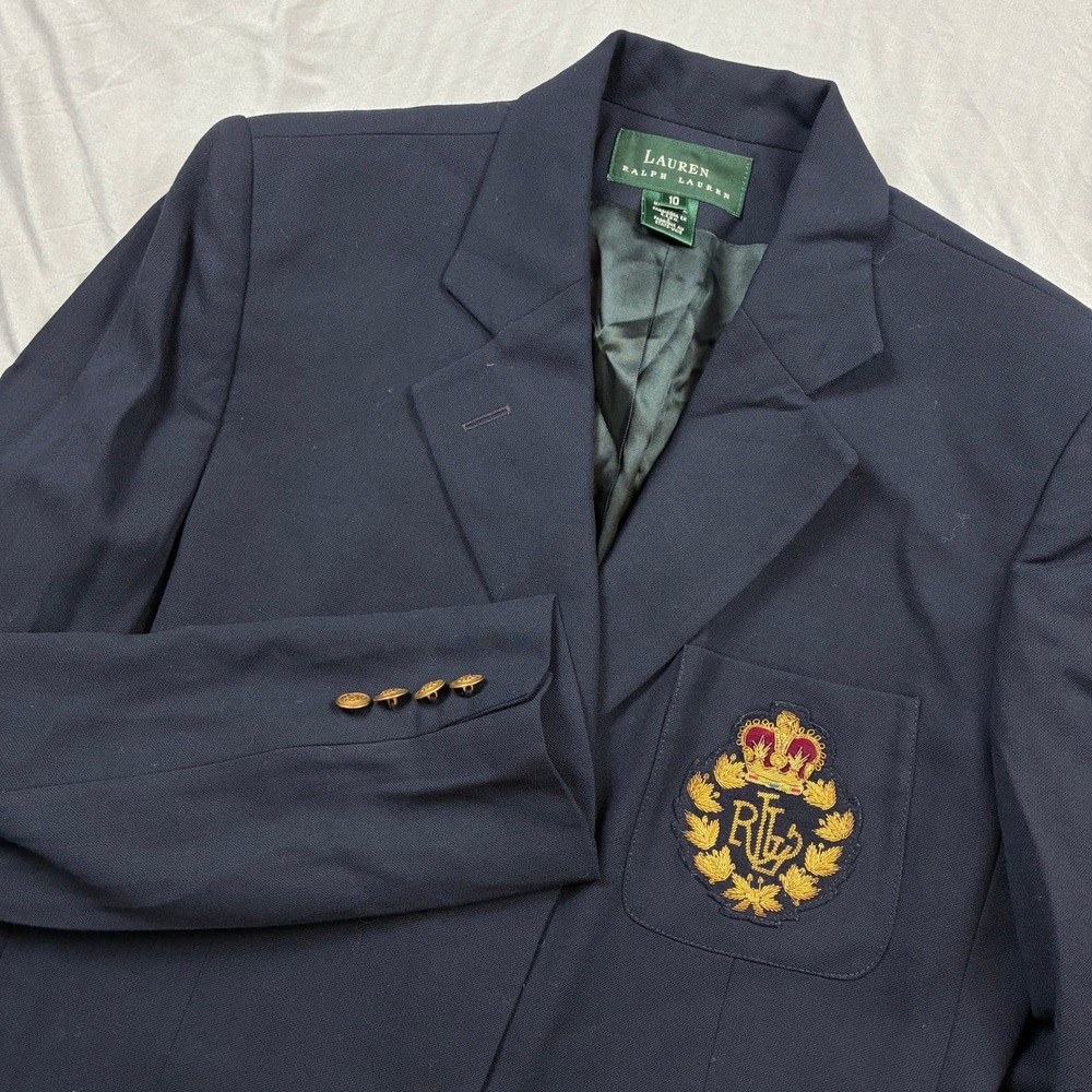 Lauren Ralph Lauren Blazer Women 10 Navy Blue Crown Crest Preppy Classic VTG